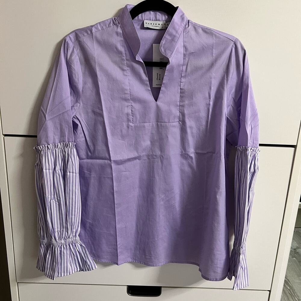 NWT Harshman Purple Blouse with Pleated Sleeves and Mandarin Collar